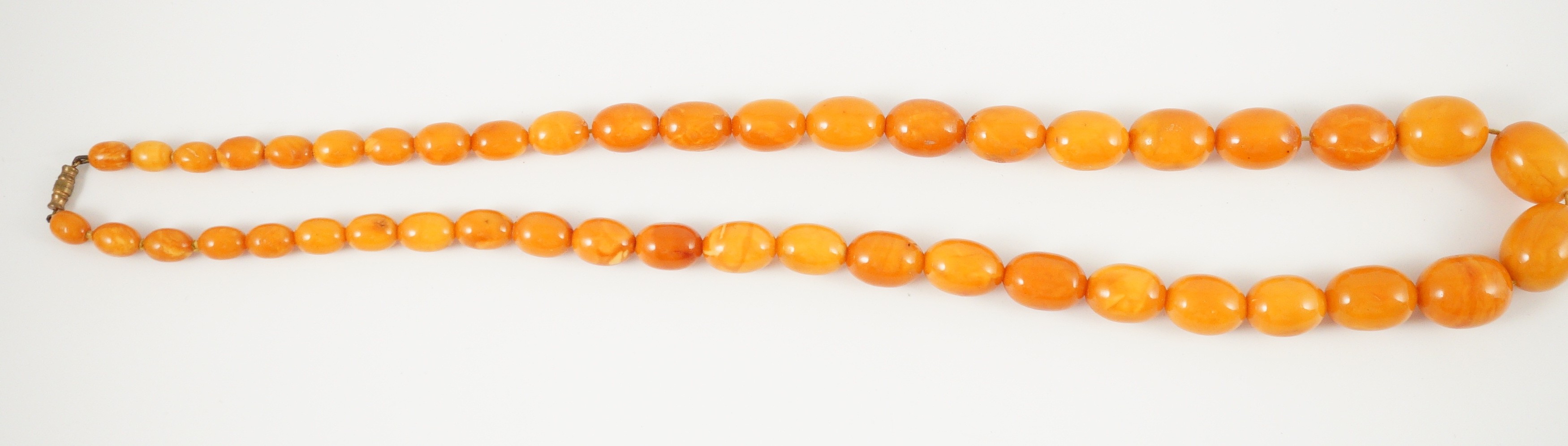 A single stand graduated oval amber bead necklace, 76cm, gross weight 85 grams.